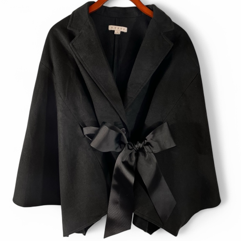 HYFVE Women’s Black Cape Coat Style Jacket with Ribbon Tie